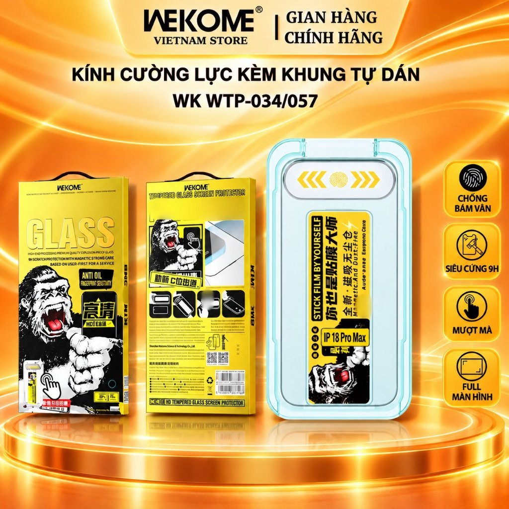 [BÁN CHẠY] Kính Cường Lực KINGKONG KHUNG TỰ DÁN WK Design WTP 034/057 | Trong suốt HD/Chống nhìn trộm Cho IP X–18Pro Max