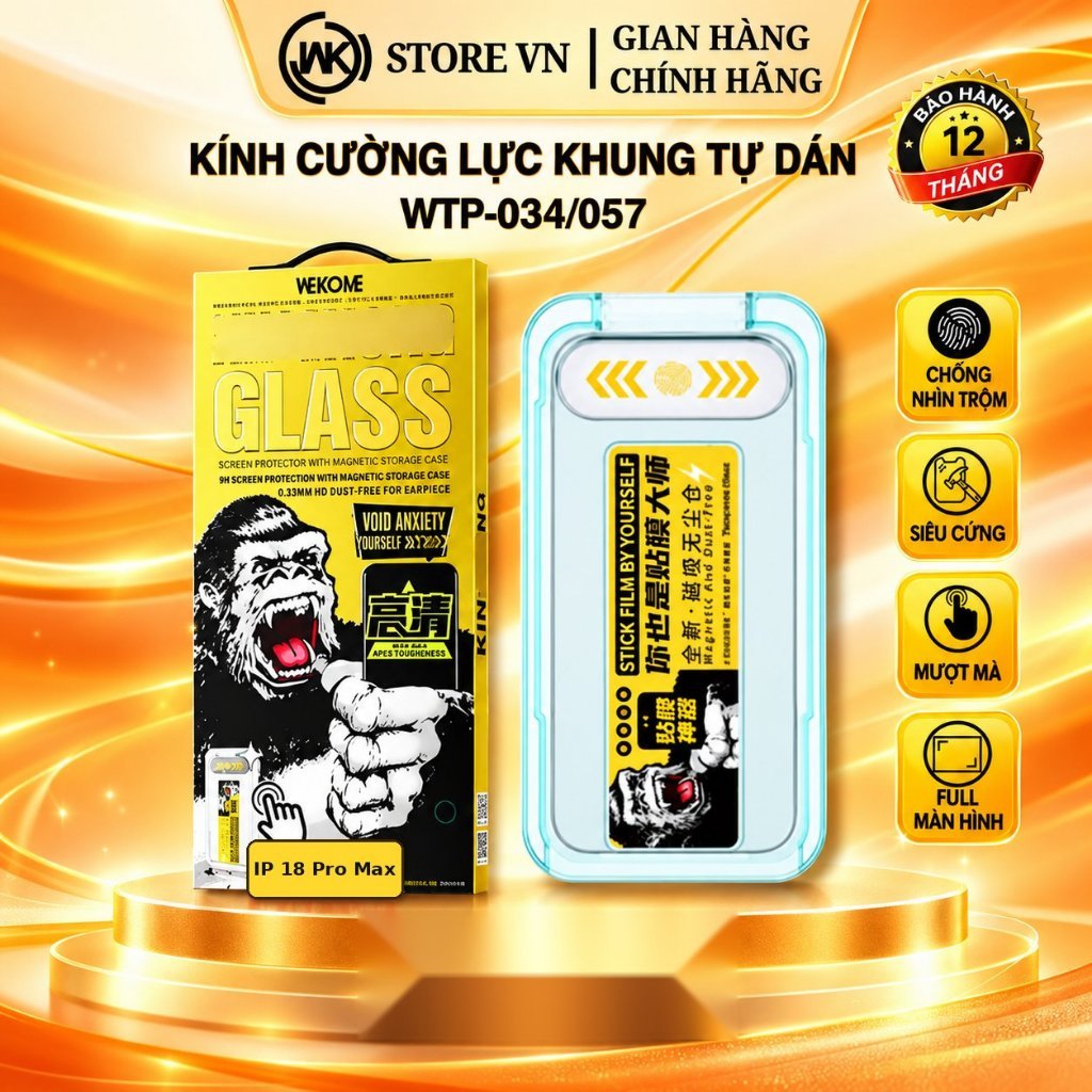 [KHUNG TỰ DÁN] Kính Cường Lực KINGKONG WK 034/057 Viền Đen Mỏng | Trong suốt HD/Chống nhìn trộm Cho iPhone X–18 Pro Max