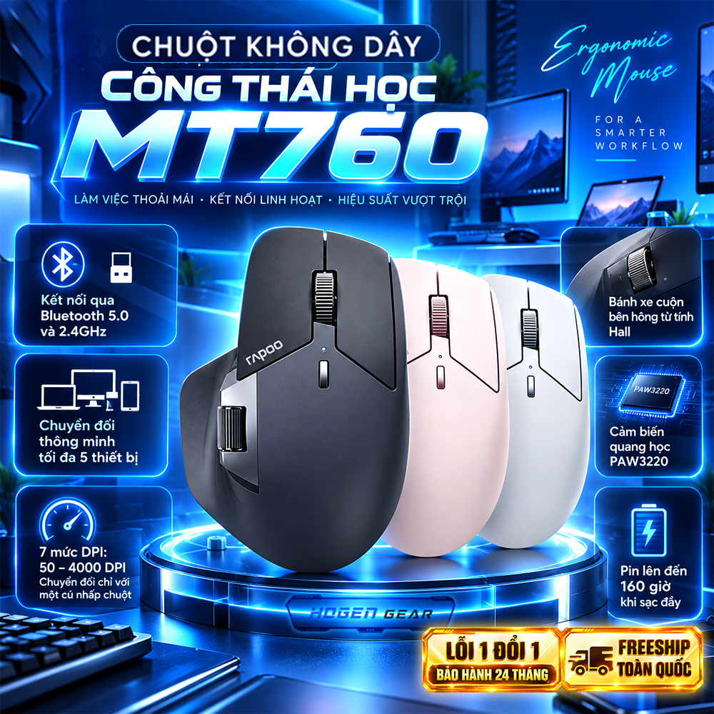 Chuột Không Dây Rapoo MT760 | 2.4G và Bluetooth 5.0 |Kết nối 5 thiết bị |Lưu cài đặt | Bảo hành 24TH