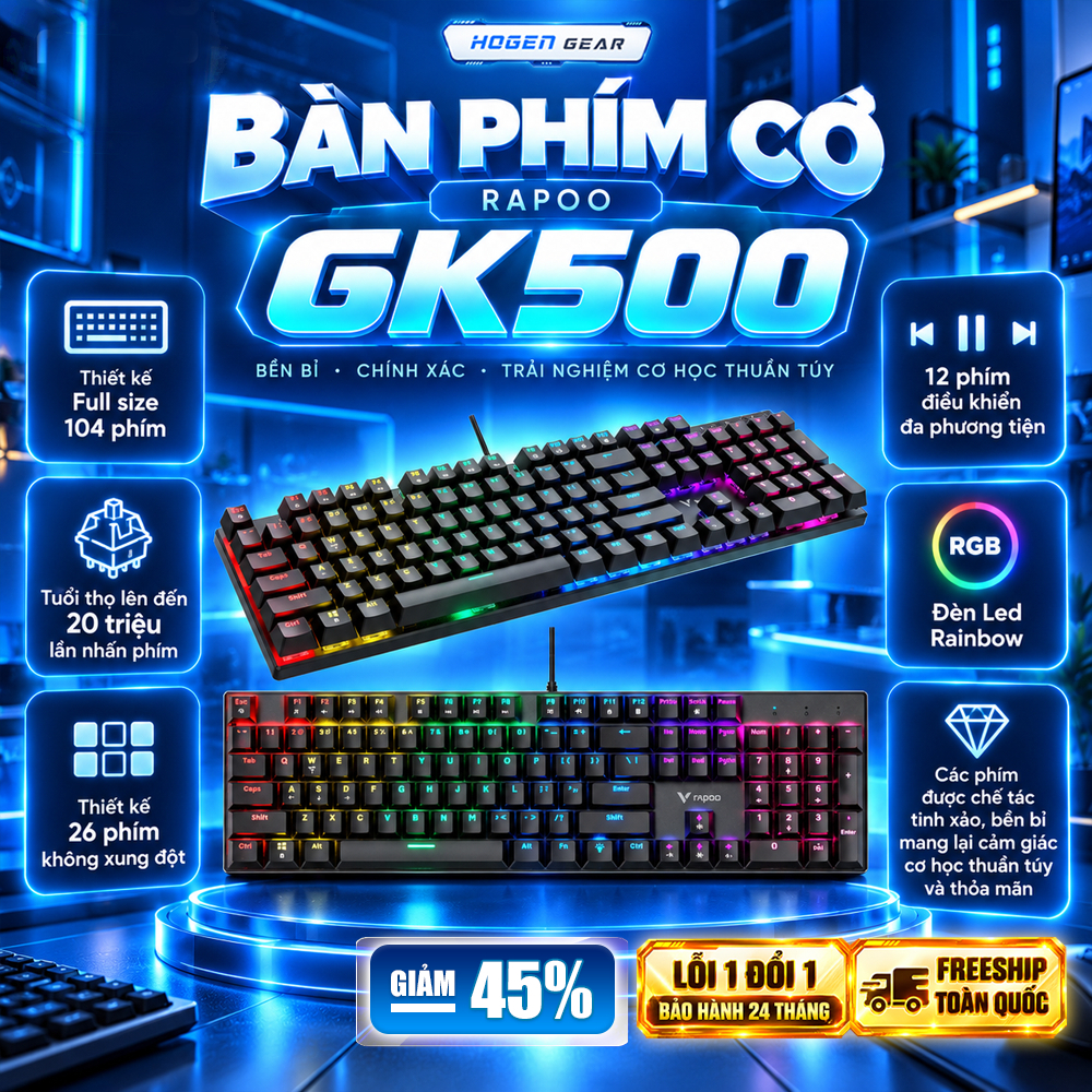 Bàn Phím Cơ Gaming Rapoo GK500 | Đèn RGB | Full Size | Chống Chàn nước | Bảo Hành 24 Tháng