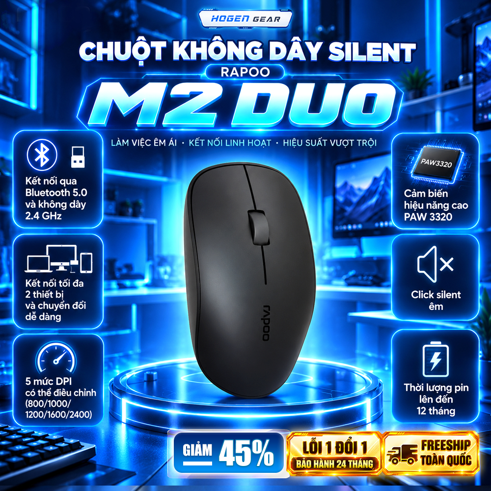 Chuột Không Dây Rapoo M2 Duo | Bluetooth 5.0 Wireless 2.4G | Click Không tiếng ồn | DPI 4000 | BH 24 Tháng
