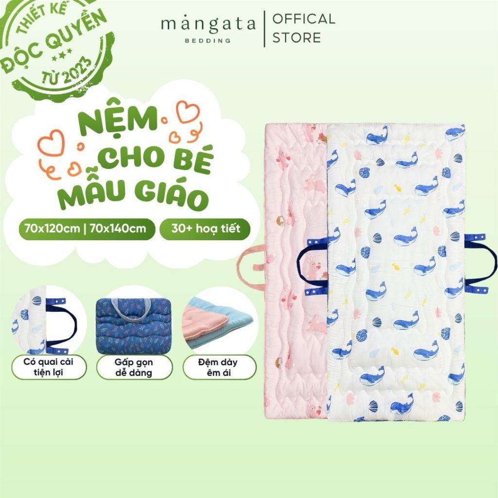 [ĐỆM CHẦN CỐ ĐỊNH] Nệm cho bé mẫu giáo Mangata Bedding, đệm ngủ cho bé gấp gọn size 70x120cm và 70x140cm dày dặn mềm mát