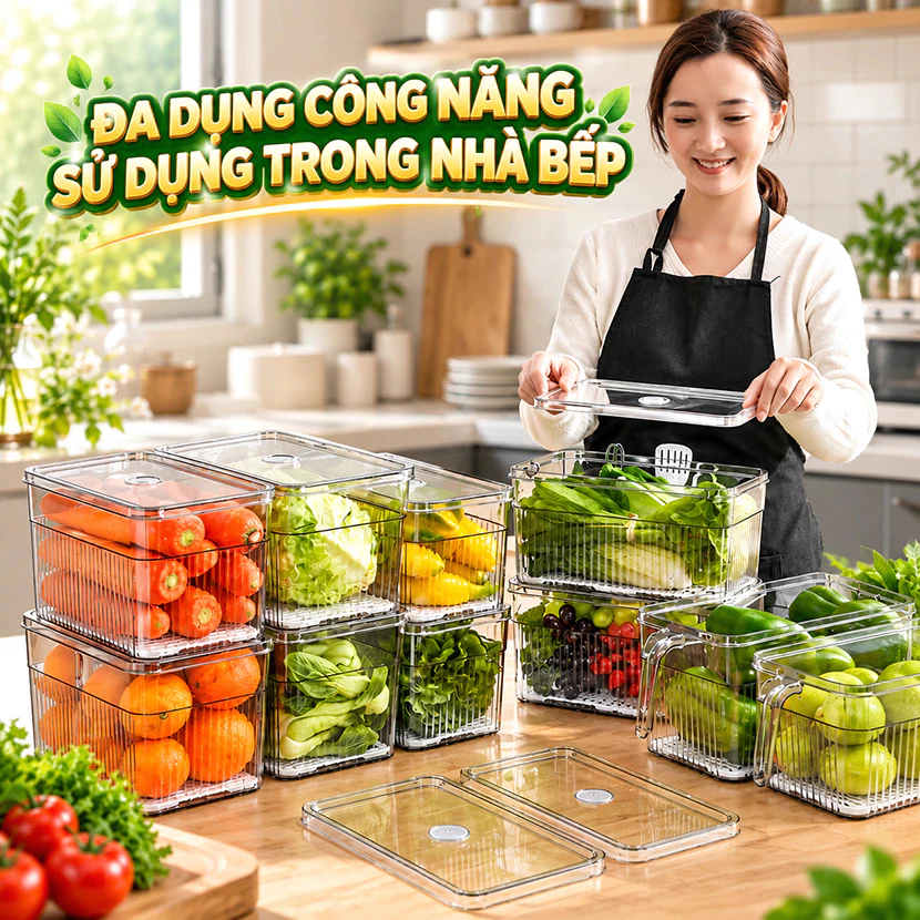 Hộp Đựng Đồ Ăn Tủ Lạnh Có Quai Cầm, Khay Lót Ráo Nước, Bảo Quản Rau Củ Trái Cây Gọn Gàng | BigBuy360 - bigbuy360.vn