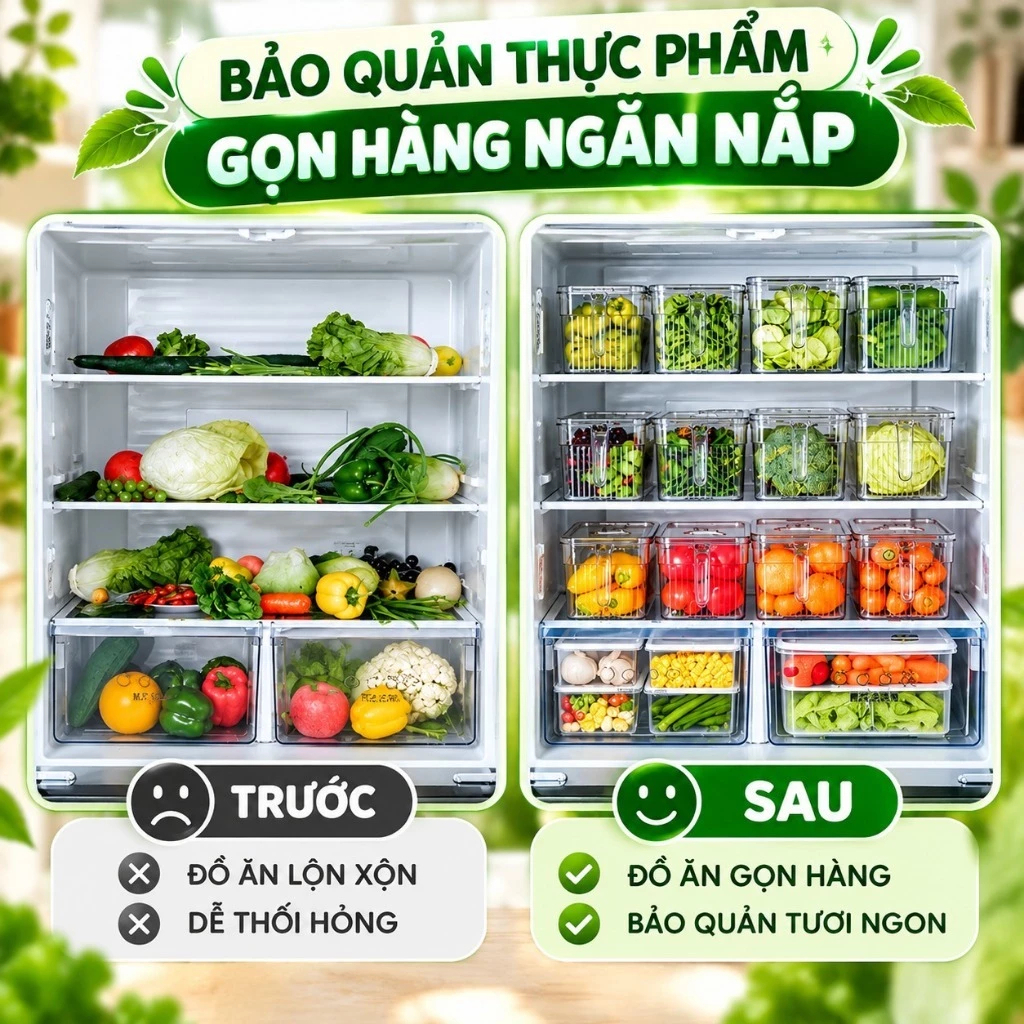 Hộp Đựng Đồ Ăn Tủ Lạnh Có Quai Cầm, Khay Lót Ráo Nước, Bảo Quản Rau Củ Trái Cây Gọn Gàng | BigBuy360 - bigbuy360.vn