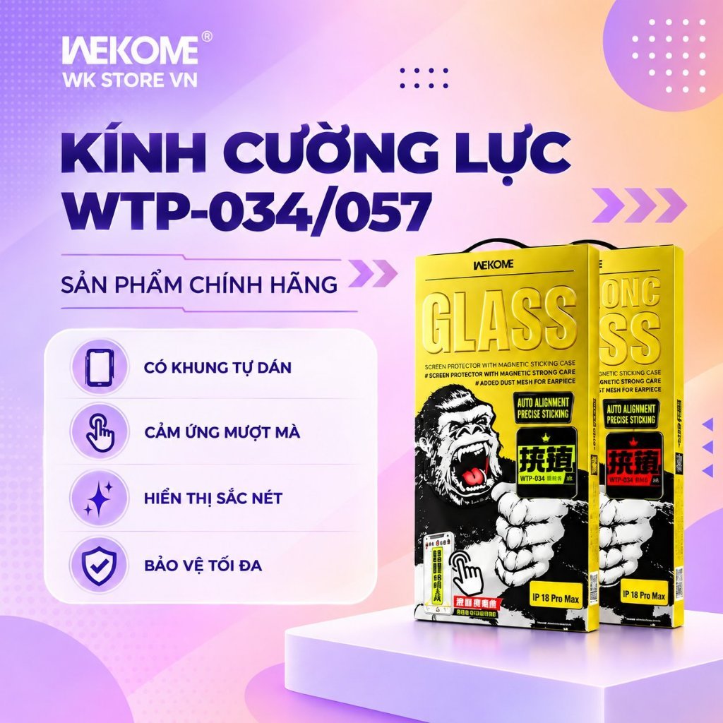 [CHÍNH HÃNG] Kính Cường Lực Iphone WK, Cường Lực Khung Tự Dán 034/057 Trong suốt/Chống nhìn trộm Cho iPhone 11–18ProMax