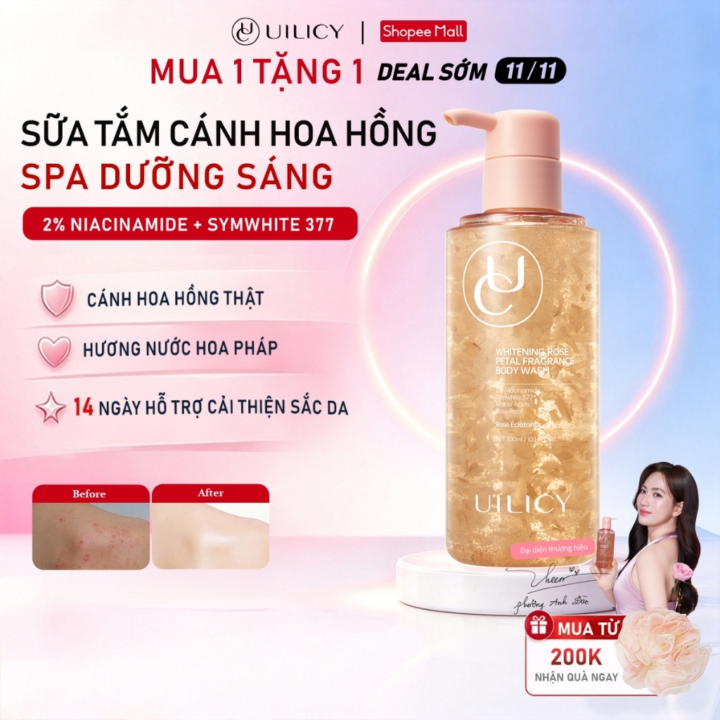 【Mua 1 Tặng 1】Sữa Tắm Hoa Hồng UILICY 300ml, Niacinamide + 377, Thơm Lâu, Làm Sạch Và Sáng Da