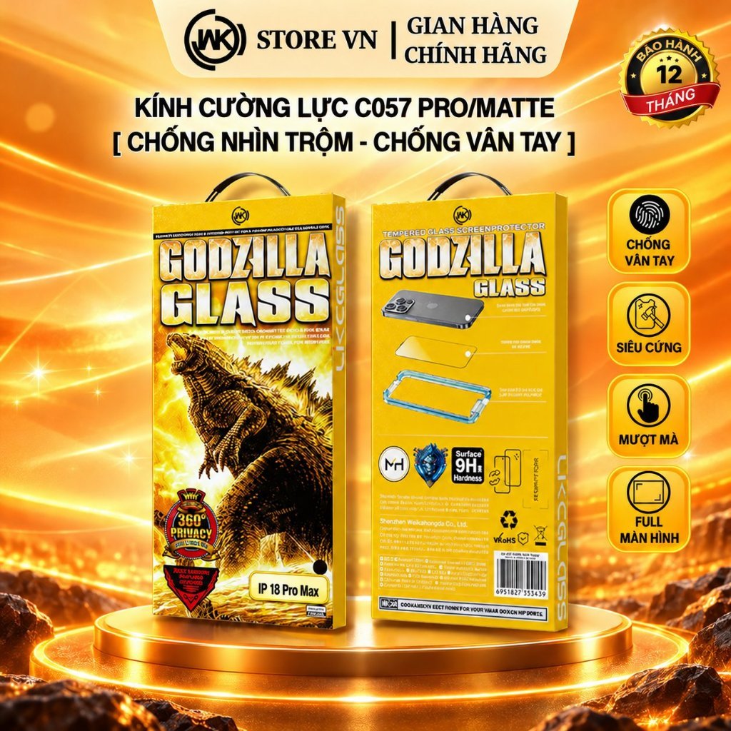 [NÂNG CẤP] Kính cường lực Godzilla WK C34/ C057 CNT 180°/360°, Hạn chế vân tay cho 12 13 14 15 16 17 18 Promax