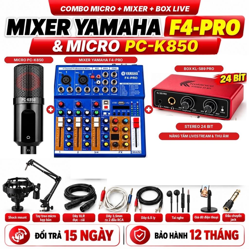 Combo Micro Thu Âm PC-K850 + Mixer Yamaha F4-PRO + Box Livestream KL ...