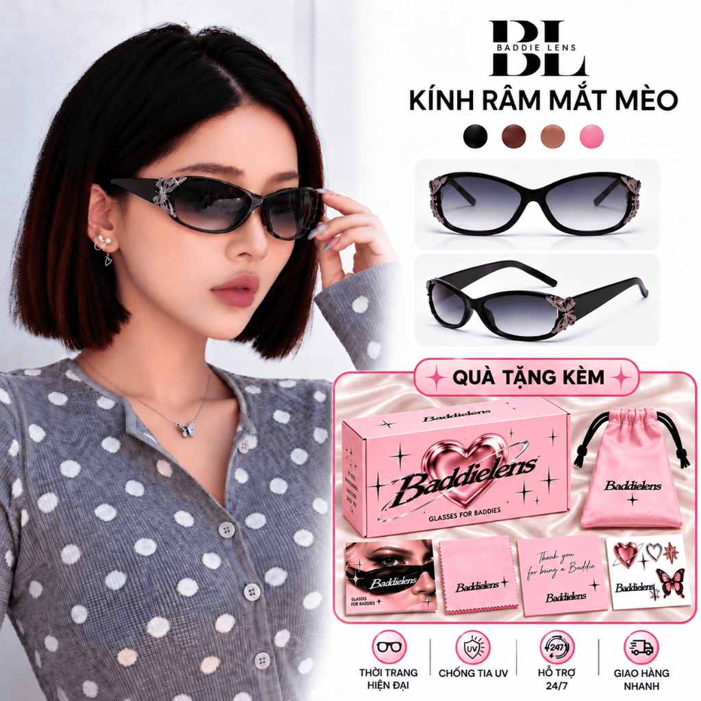 [Kèm quà] Kính Mát Nữ Gọng Mắt Mèo Đính Bướm Baddie Lens Phong Cách Y2K Retro Sang Chảnh Tròng Đi Biển Dạo Phố - BL2611
