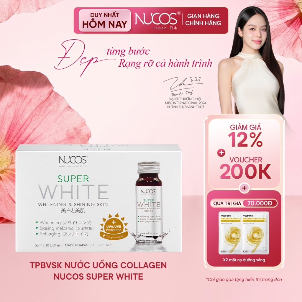 TPBVSK Nước Uống Collagen Nucos Super White Hỗ Trợ Dưỡng Trắng Da Hỗ Trợ Mờ Thâm Nám Hộp 10chaix50ml