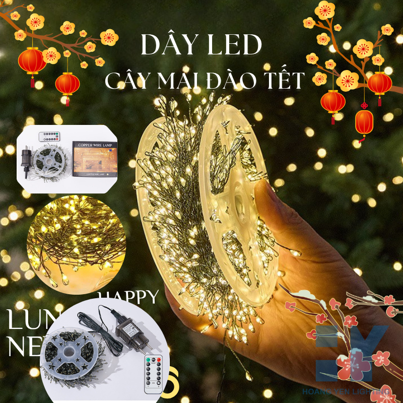 Đèn LED Hạt Gạo Đom Đóm Xương Cá Dây Đồng Xanh Có Điều Khiển Ánh Sáng Vàng 20m 30m 50m Trang Trí Noel Tết