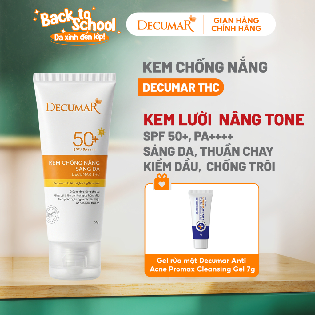 Kem chống nắng, Kem lười nâng tone sáng da, kiềm dầu cho da mụn Decumar THC SPF 50+ PA++++ chính hãng, chống nắng cao