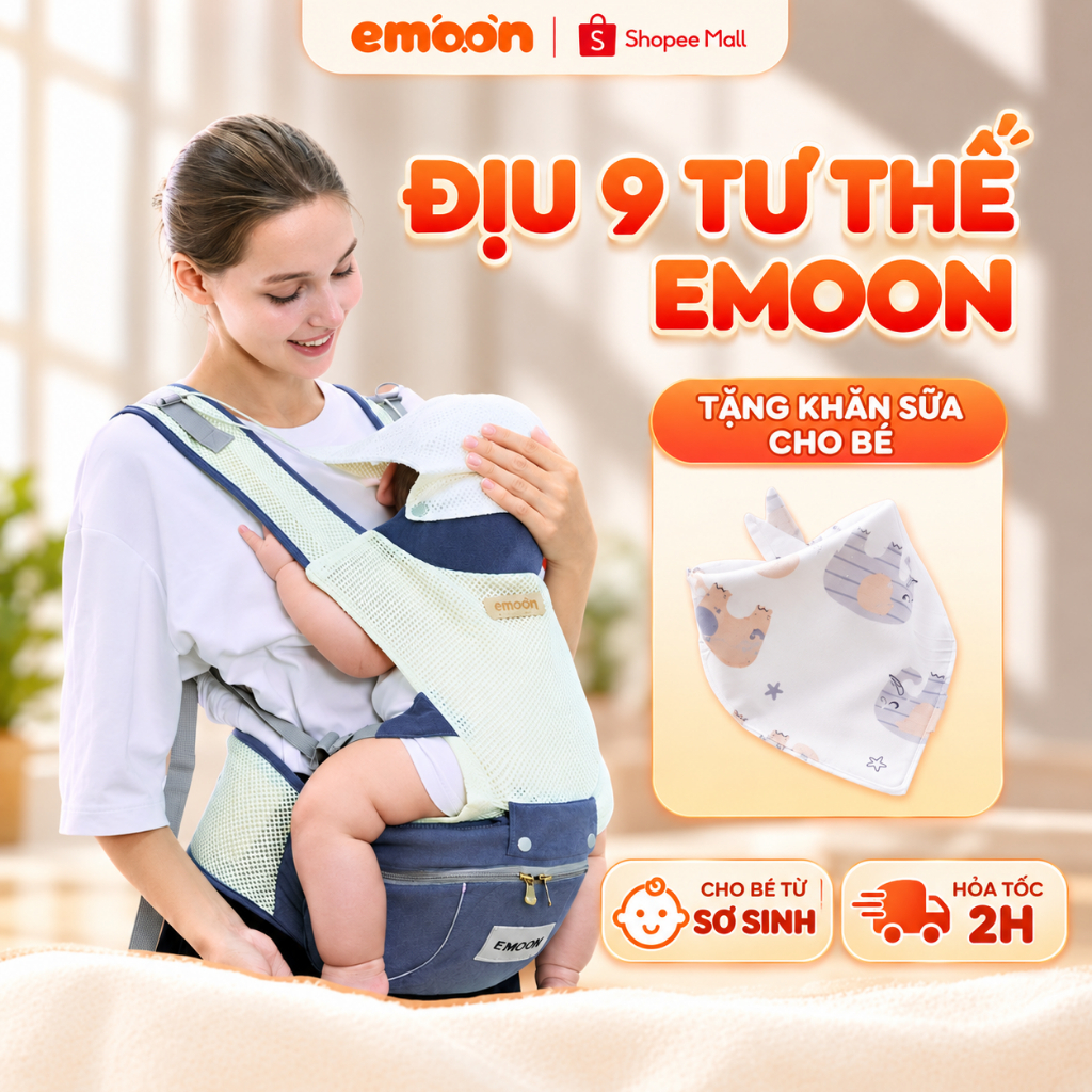 Địu em bé trợ lực Emoon 9 tư thế, chống gù, đai đi xe máy cho bé, vải lưới thoáng khí cho bé từ 0-36 tháng tuổi