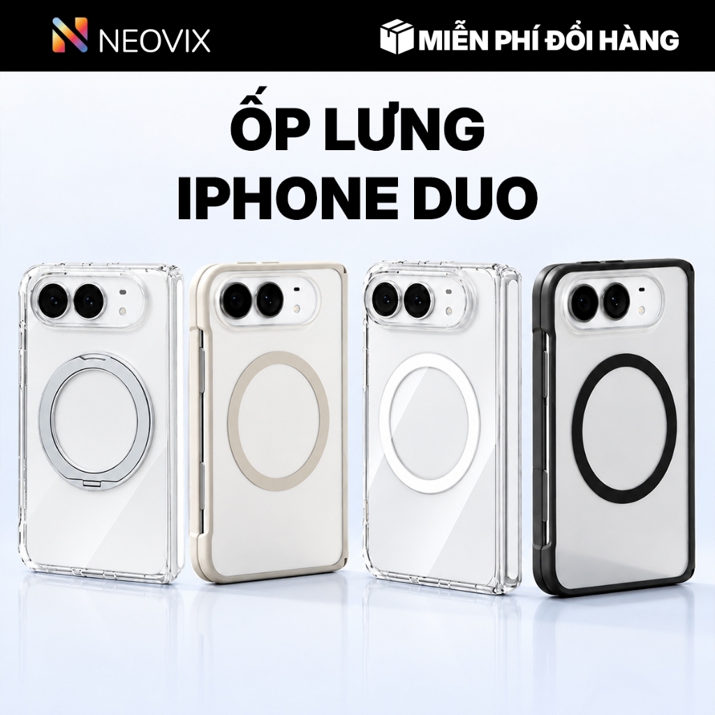 Ốp Lưng iPhone Duo Trong Suốt - Trắng Ngà - Đen Ốp Sau Kèm Sạc Từ Tính Bảo Vệ Bản Lề Camera Tặng Ốp Trước+Kính Cường Lực