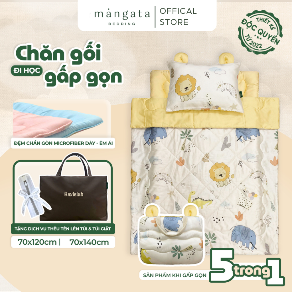 [ĐỆM CHẦN CỐ ĐỊNH - Chăn to] Bộ chăn gối cho bé mầm non gấp gọn 5 trong 1 Mangata Bedding size 70x120cm và 70x140cm
