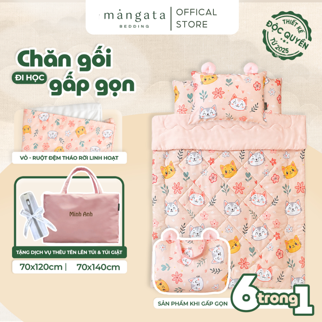 [VỎ ĐỆM THÁO ĐƯỢC - Chăn to] Bộ chăn gối cho bé đi học 6 trong 1 Mangata Bedding size 70x120 70x140cm bộ túi ngủ cho bé