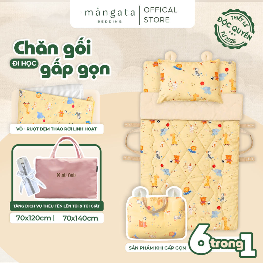 [VỎ ĐỆM THÁO ĐƯỢC] Bộ chăn gối cho bé đi học 6 trong 1 Mangata Bedding 70x120 70x140cm, chăn gối gấp gọn cho bé mẫu giáo