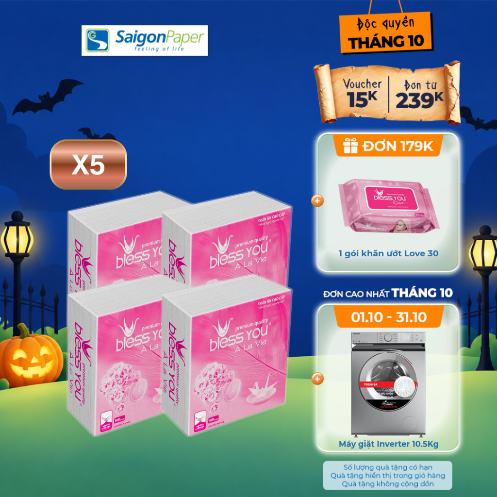 Combo 5 Lốc Khăn Napkin Bless You Alavie 23x23 (4 gói/ lốc)