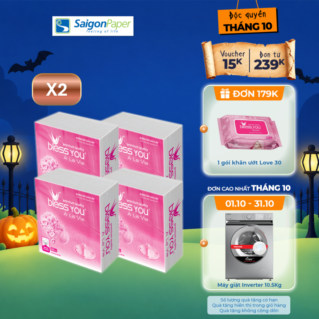Combo 2 lốc Khăn Napkin Bless You Alavie 33x33 (4 gói/ lốc)