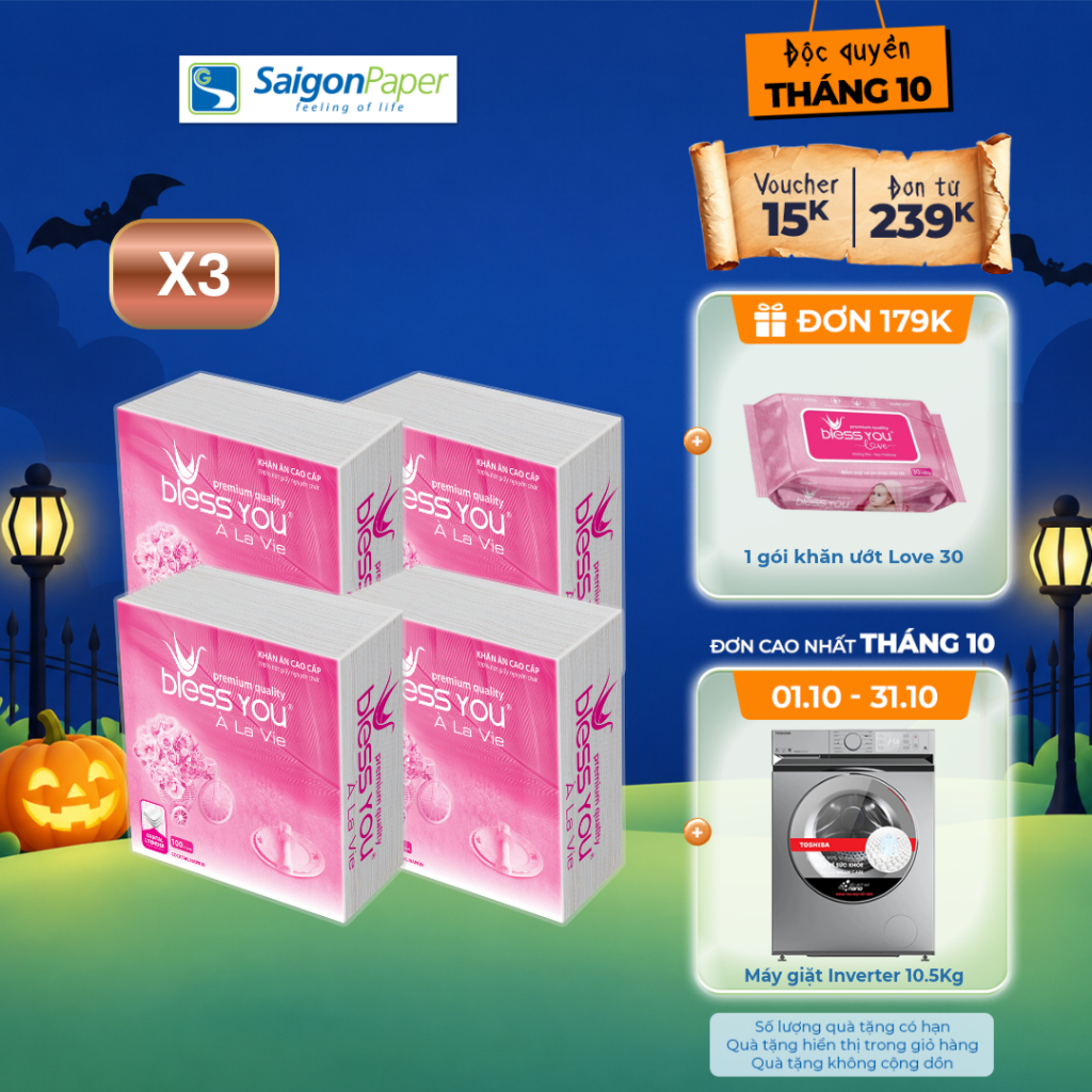 Combo 3 lốc Khăn Napkin Bless You Alavie 33x33 (4 gói/ lốc)