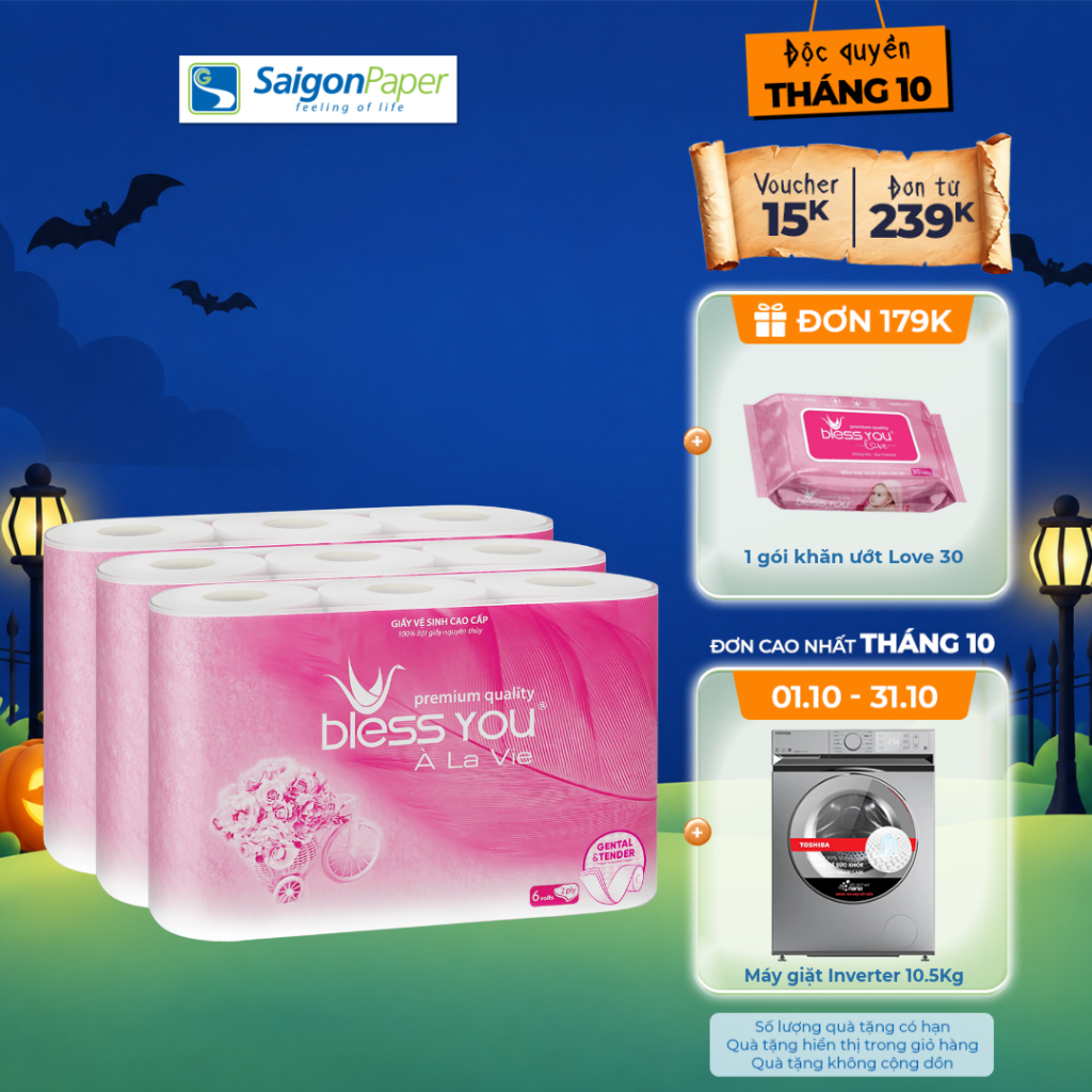 Combo 3 Lốc giấy vệ sinh Bless You Alavie 6 (6 cuộn/ lốc)