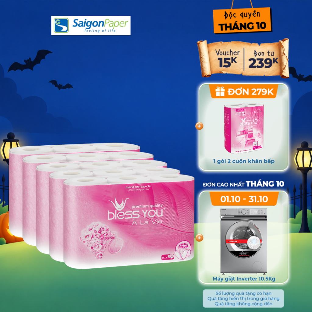 Combo 5 Lốc giấy vệ sinh Bless You Alavie 6 (6 cuộn/ lốc)