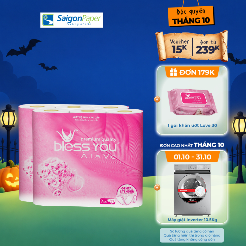 Combo 2 Lốc giấy vệ sinh Bless You Alavie 9 (9 cuộn/ lốc)
