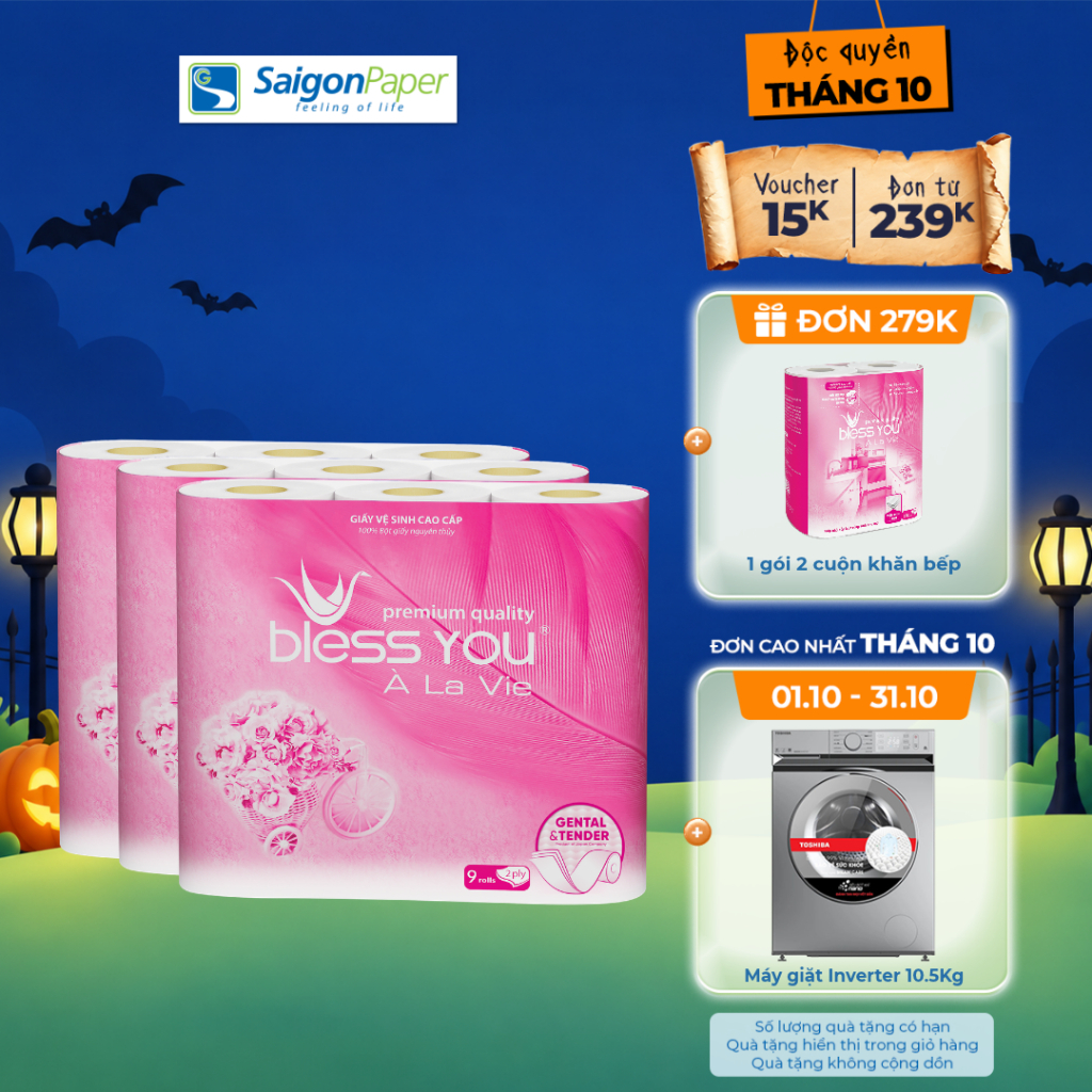 Combo 3 Lốc giấy vệ sinh Bless You Alavie 9 (9 cuộn/ lốc)