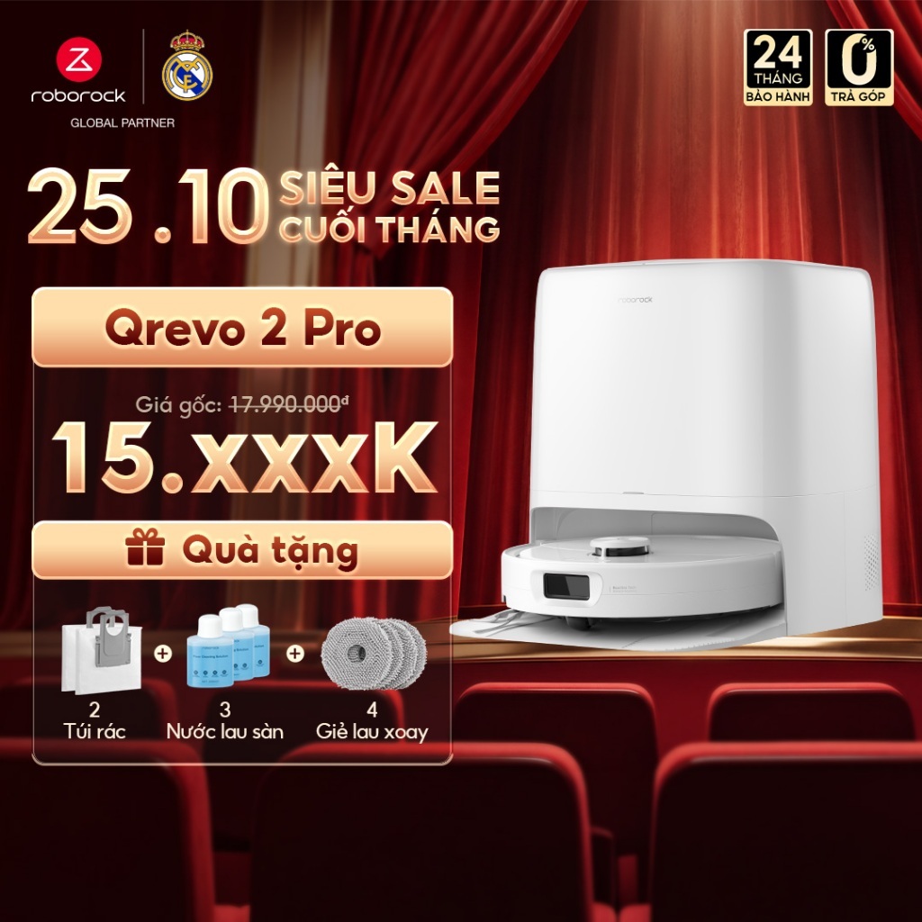 Roborock Qrevo 2 Pro robot hút bụi lau nhà | Tự động đổ rác, giặt sấy giẻ | Lực hút 25.000pa | Bảo hành 2 năm