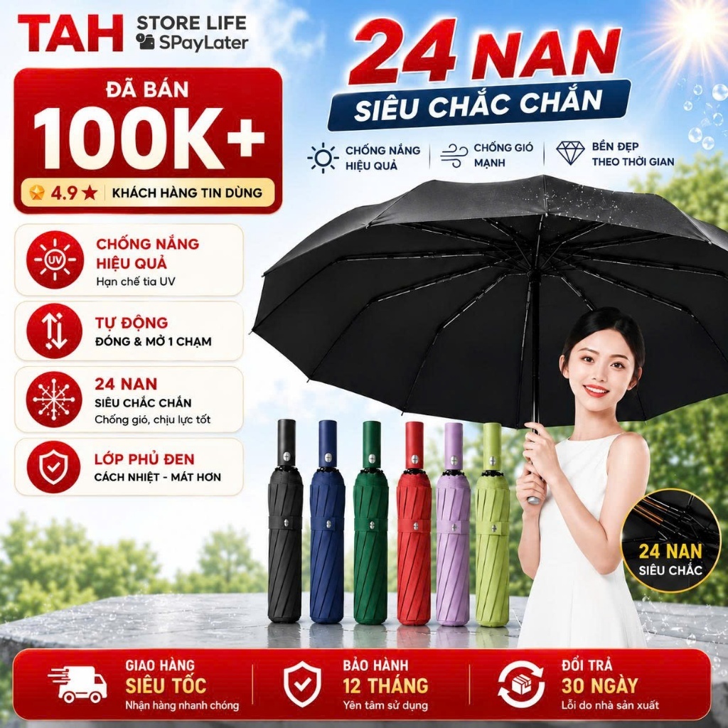 Ô Che Mưa 24 Nan Tự Động Đóng Mở 1 Chạm, Chống Lật Chống Gió, Gấp Gọn 31cm