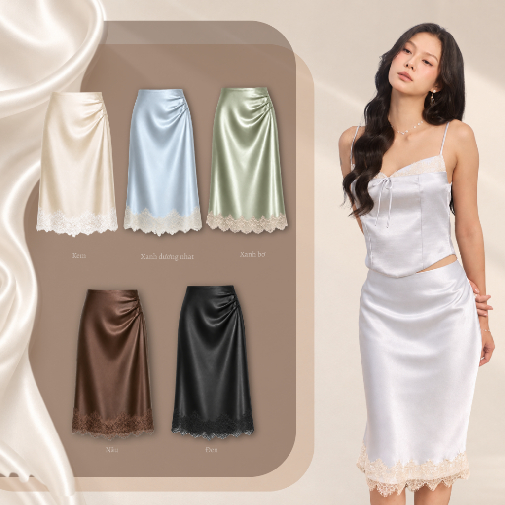 [MUA 2 GIẢM 20%] LA BOUTIQUE Chân váy lụa dáng lửng, chân váy midi nhún eo phối ren lai váy VN008