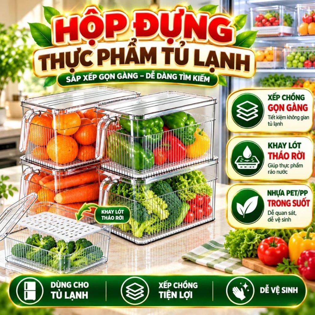 Hộp Đựng Đồ Ăn Tủ Lạnh Có Quai Cầm, Khay Lót Ráo Nước, Bảo Quản Rau Củ Trái Cây Gọn Gàng
