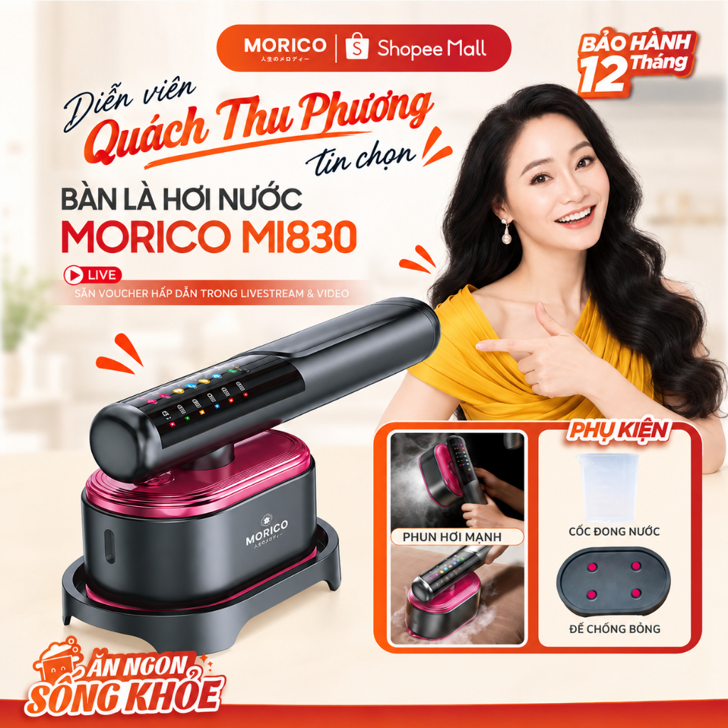 Bàn Là Hơi Nước Cầm Tay Morico MI830, Bàn Ủi 2in1 Hơi + Ủi Khô, 5 Chế Độ ,LED Cảm Ứng, Cầm Tay Tiện Lợi
