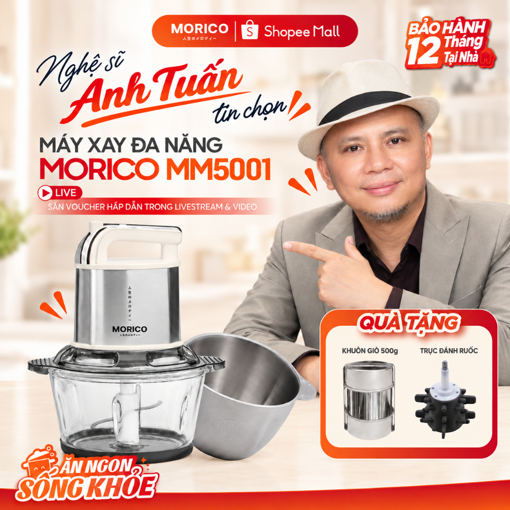 Máy Xay Đa Năng MORICO MM5001 Công Suất 500W – 2 Cối 3L Inox 304 & 2L Thủy Tinh, Dao 6 Cánh, Xay Thịt Xay Giò, Đánh Ruốc