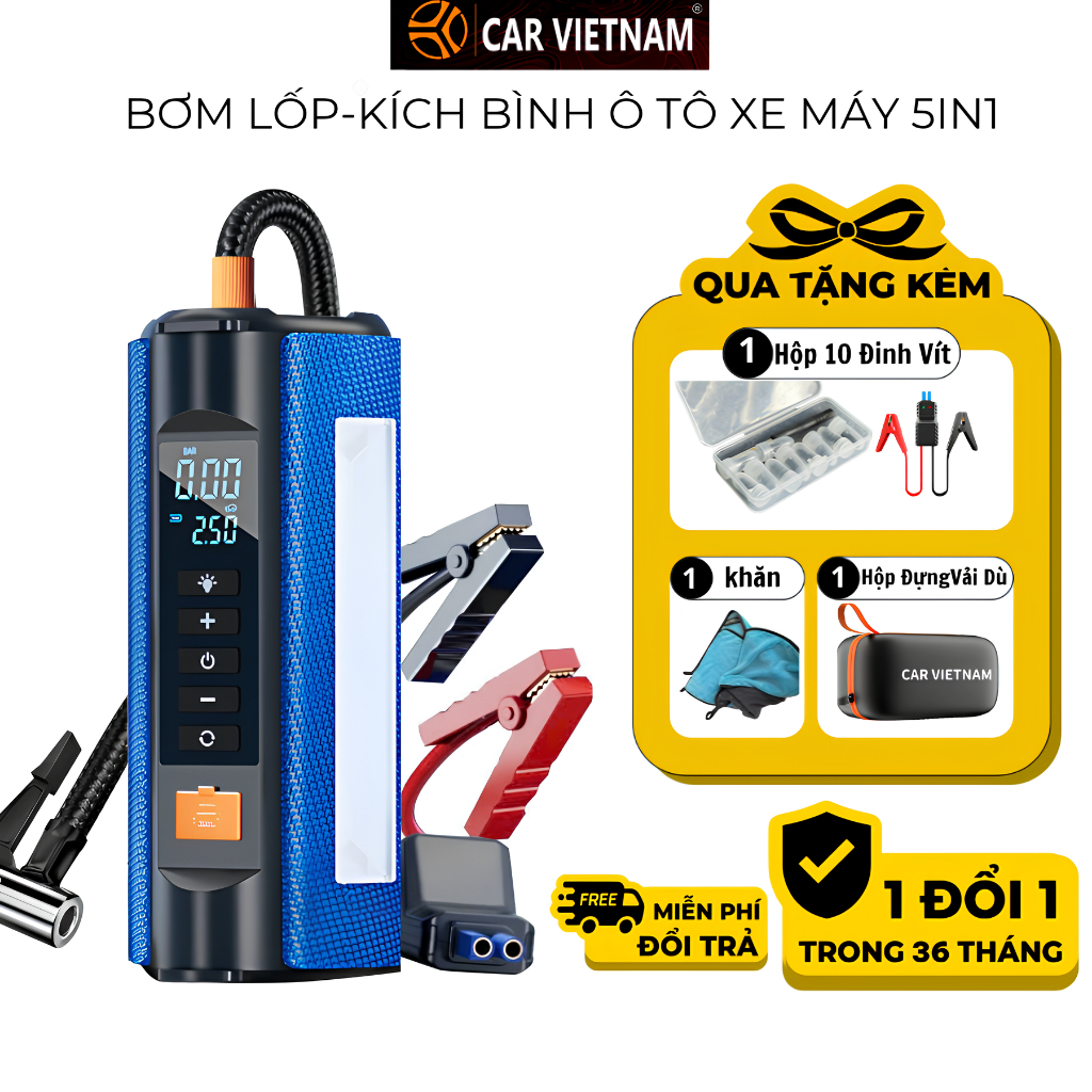 Bộ Kích Bình Bơm Lốp Ô tô, Xe Máy 5in1 CAR VIETNAM 12V, Pin 16000mah,Pin LI-PO, Kiêm Sạc Dự Phòng , Đèn Pin Chiếu Sáng