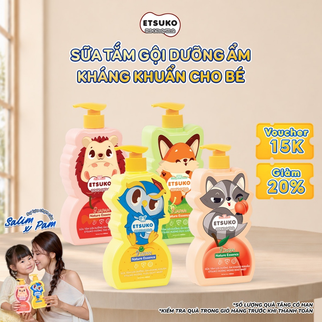 Sữa Tắm Gội Cho Bé ETSUKO 400ml Dưỡng Ẩm Dịu Nhẹ, Kháng Khuẩn An Toàn Cho Da Nhạy Cảm