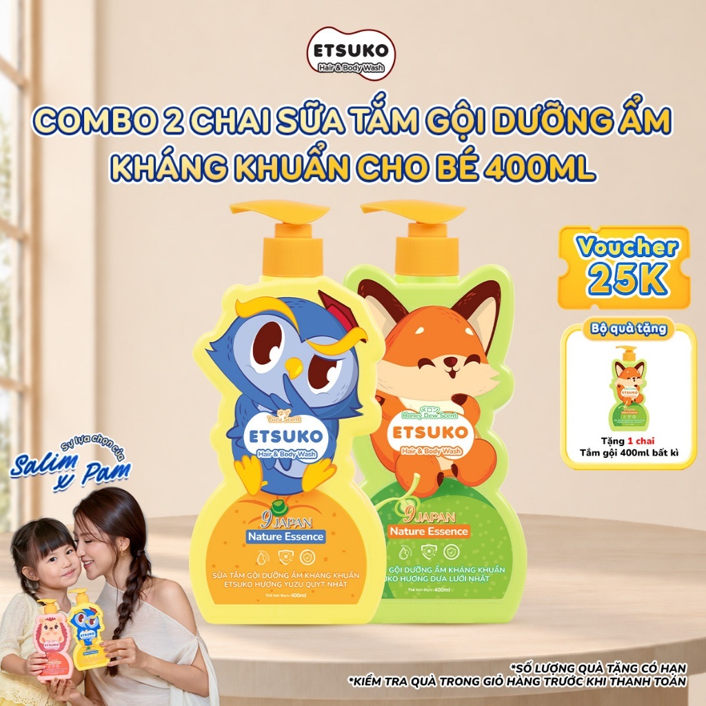 [TẶNG 1 TẮM GỘI 400ML] Combo 2 Chai Tắm Gội Cho Bé ETSUKO 400ml Dưỡng Ẩm Dịu Nhẹ, Kháng Khuẩn Bảo Vệ Làn Da