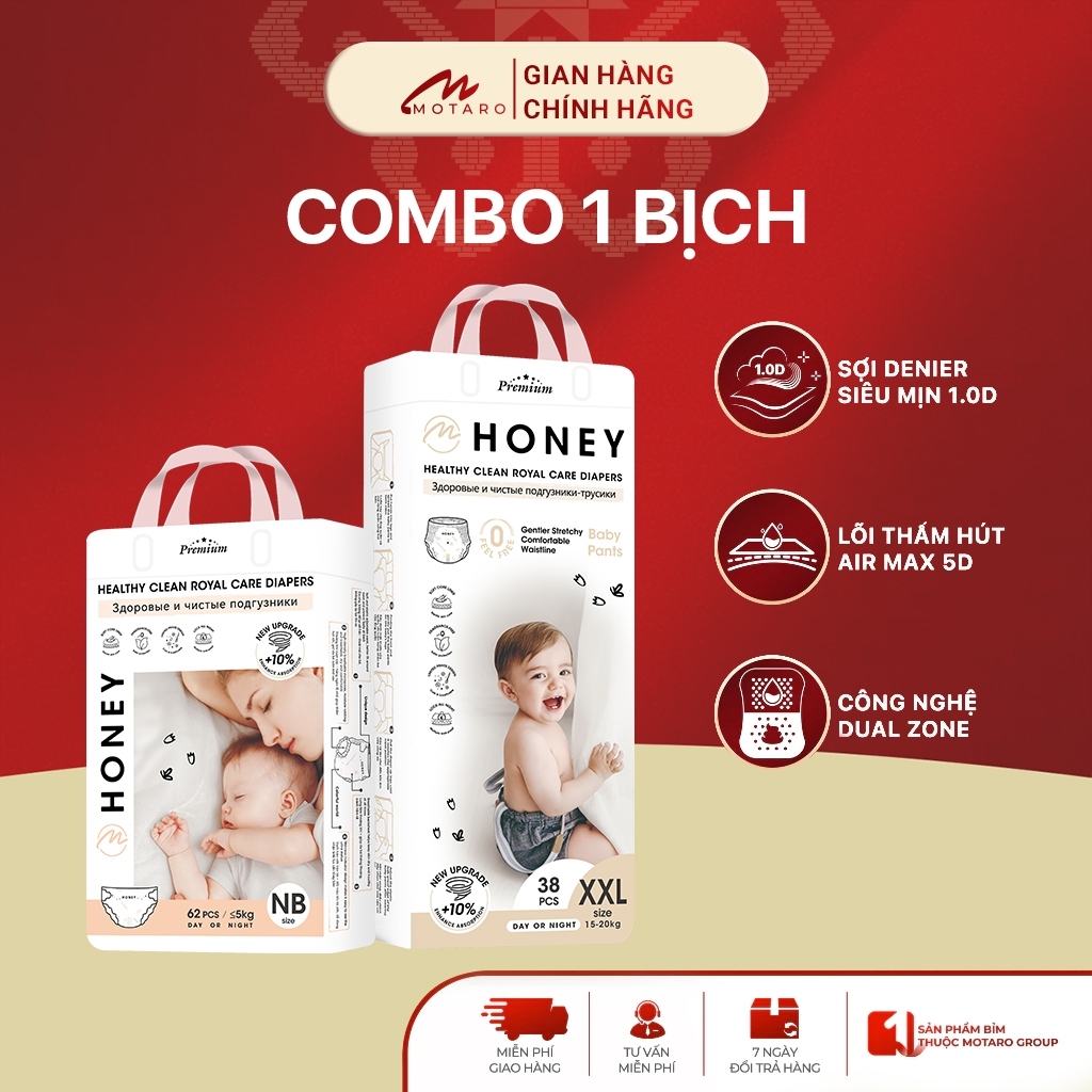 [FBS] 1 Bịch Tã Bỉm Dán/Quần Honey Premium Chính Hãng Đủ Size Motaro Cho Bé