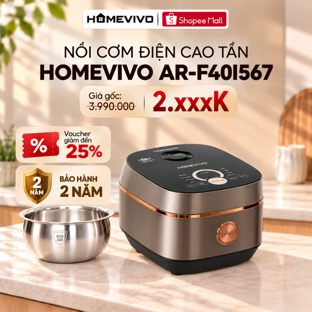 Nồi cơm điện cao tần HOMEVIVO AR-F40I567 1,5L - Đa chức năng - Lòng nồi Inox 304 - Màn hình LED sang trọng - BH 2 năm