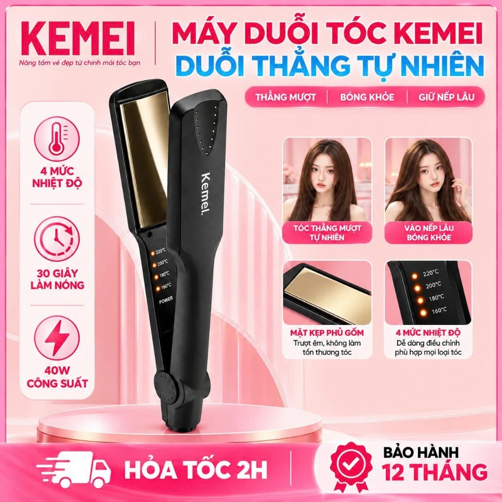 Máy Duỗi Tóc Kemei KM329 - Vỏ Nhựa ABS, Mặt Ép Ceramic Cao Cấp 4 Mức Nhiệt