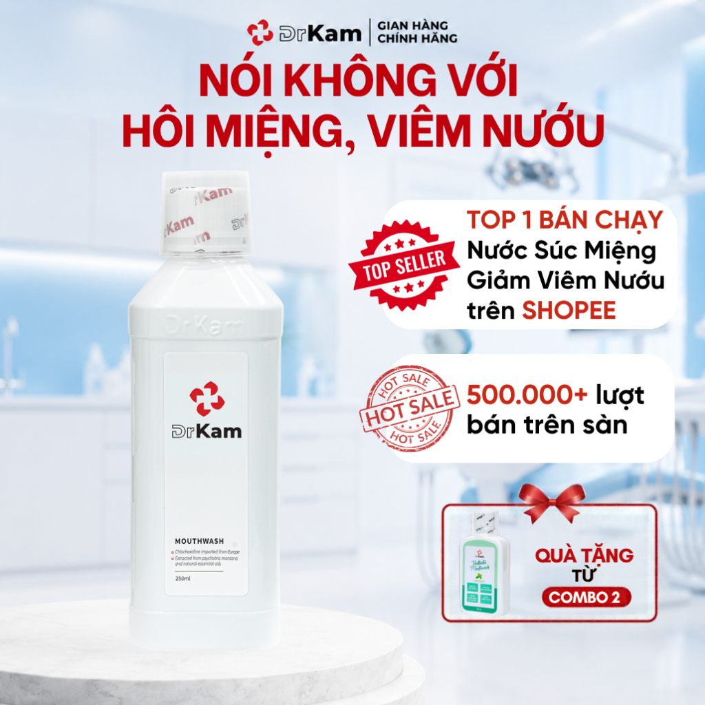 Nước Súc Miệng Chuẩn Y Khoa DrKam 250ml Khử Hôi Miệng Giảm Viêm Nướu Ê Buốt - Không Cồn Không Cay