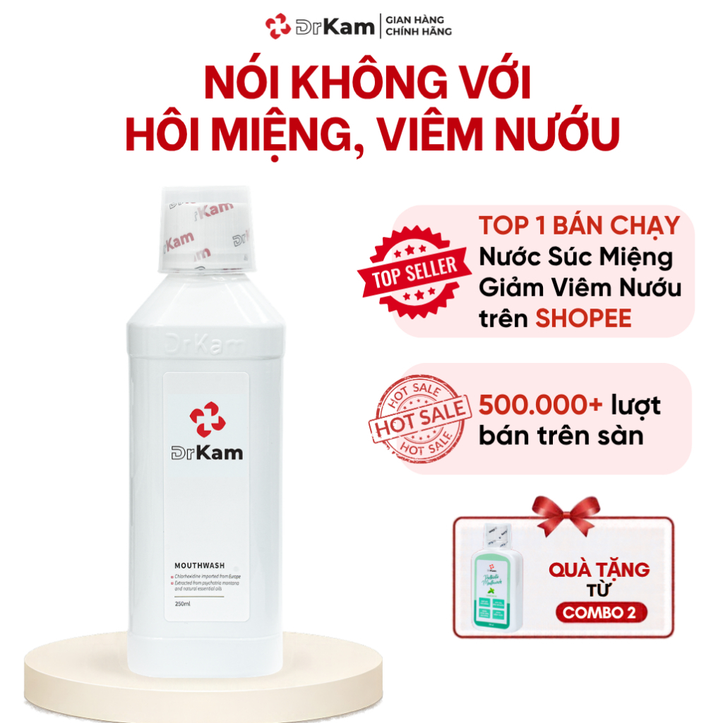 Nước Súc Miệng Chuẩn Y Khoa DrKam 250ml - Khử Hôi Miệng Giảm Viêm Nướu - Không Cồn Không Cay
