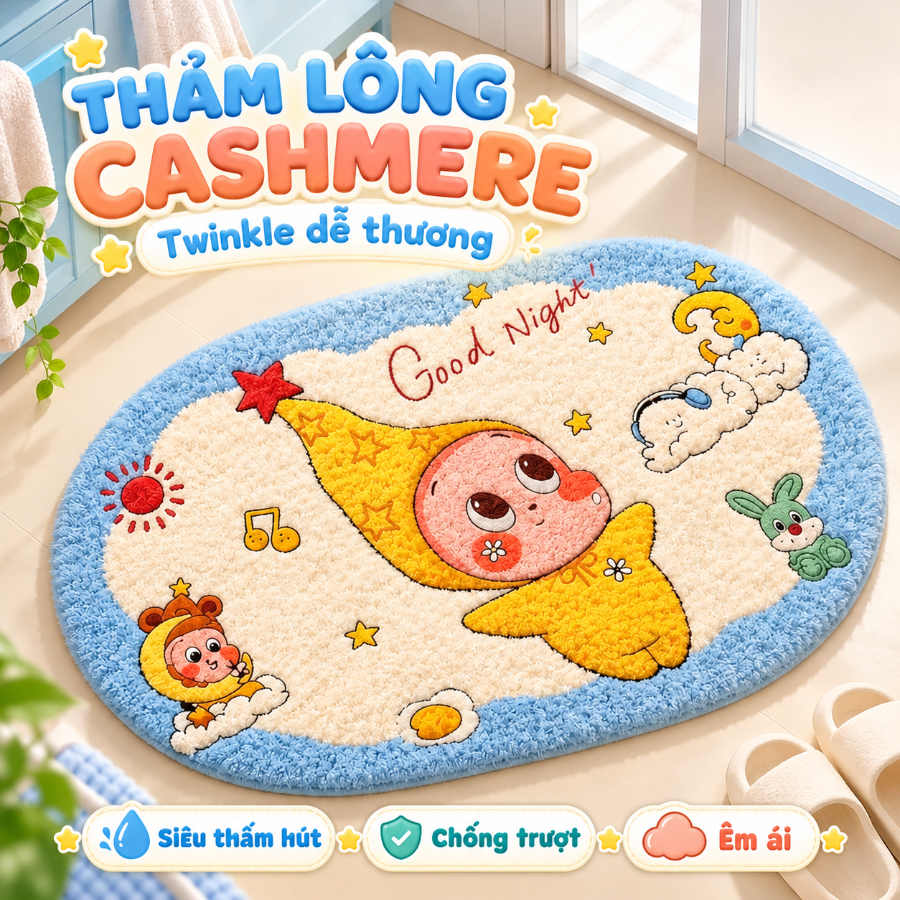 Thảm Lau Chân Nhà Tắm Twinkle Twinkle Siêu Thấm Hút Chất Lông Cừu Cashmere Mềm Mại, Thảm Chùi Chân Dễ Thương Decor Phòng