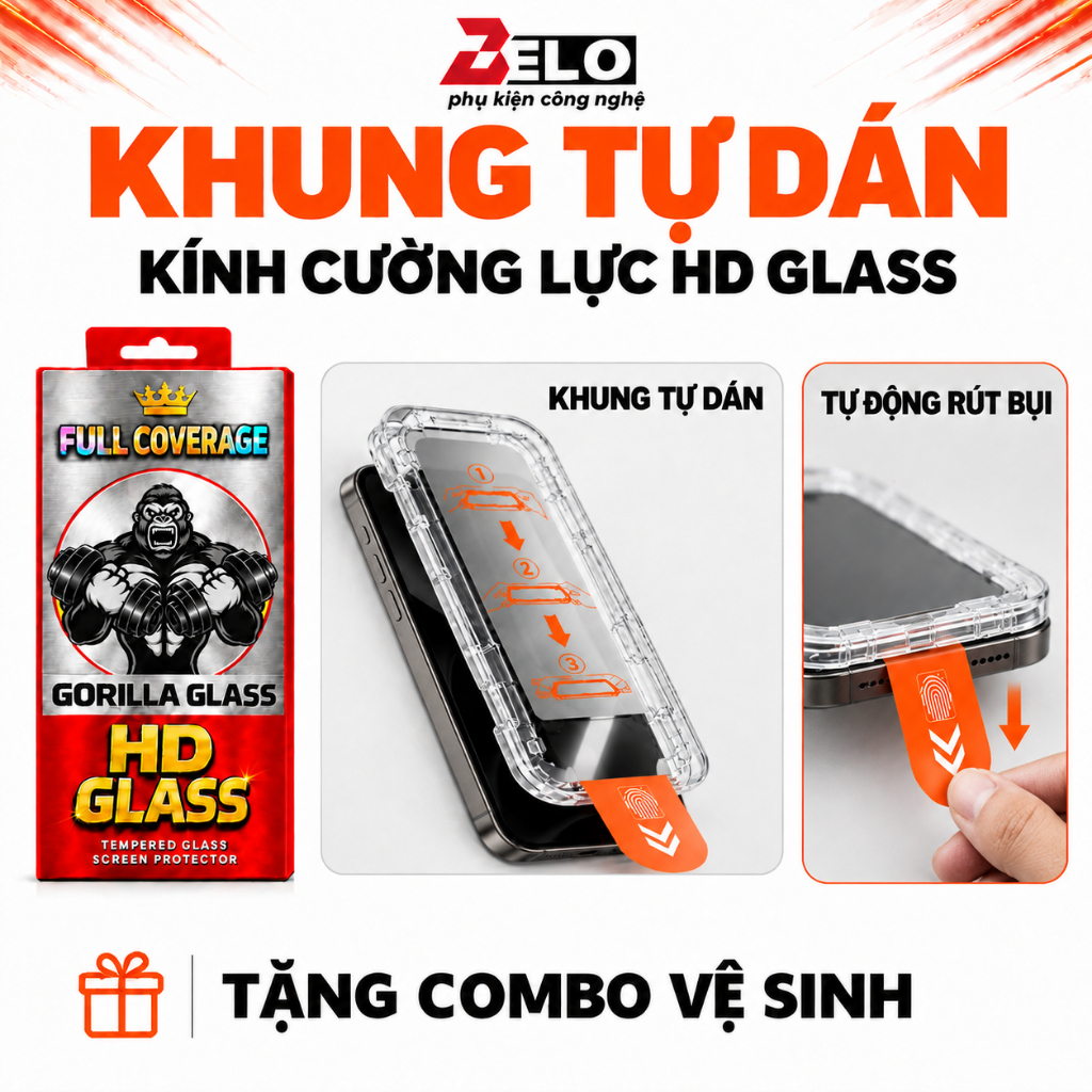 Kính Cường Lực iPhone Khung Dán Tự Động Lọc Bụi Hạn Chế Vân Tay Độ Cứng 9H chống sốc BELO