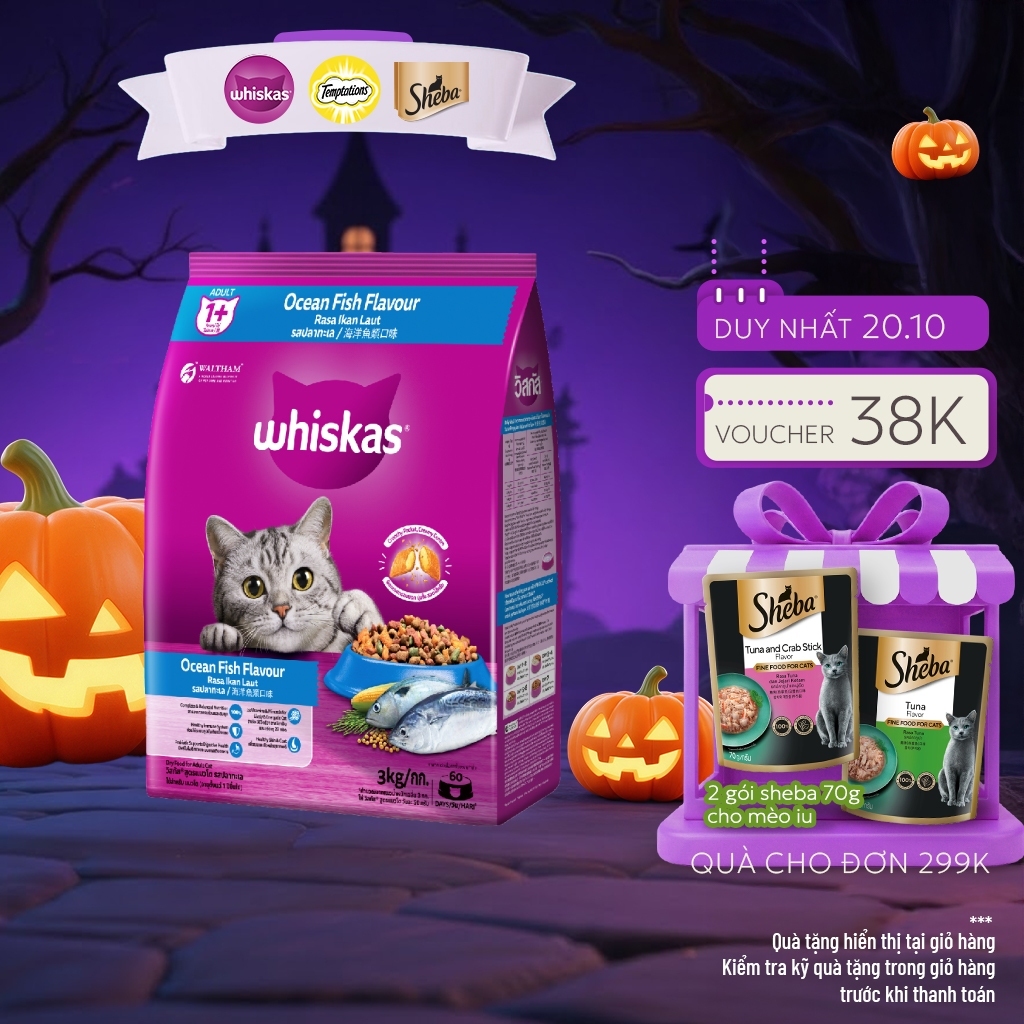 WHISKAS Thức Ăn Cho Mèo Trưởng Thành Dạng Hạt vị Cá Biển - 3kg