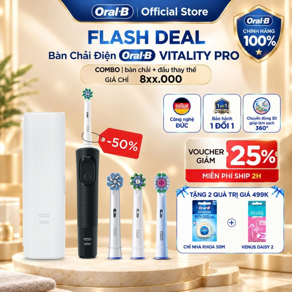 [HỎA TỐC 2H-4H] [MUA 1 TẶNG 2] Mua 1 Bàn Chải Điện ORAL B VITALITY Pro Đen TẶNG Set 2 Đầu Bàn Chải