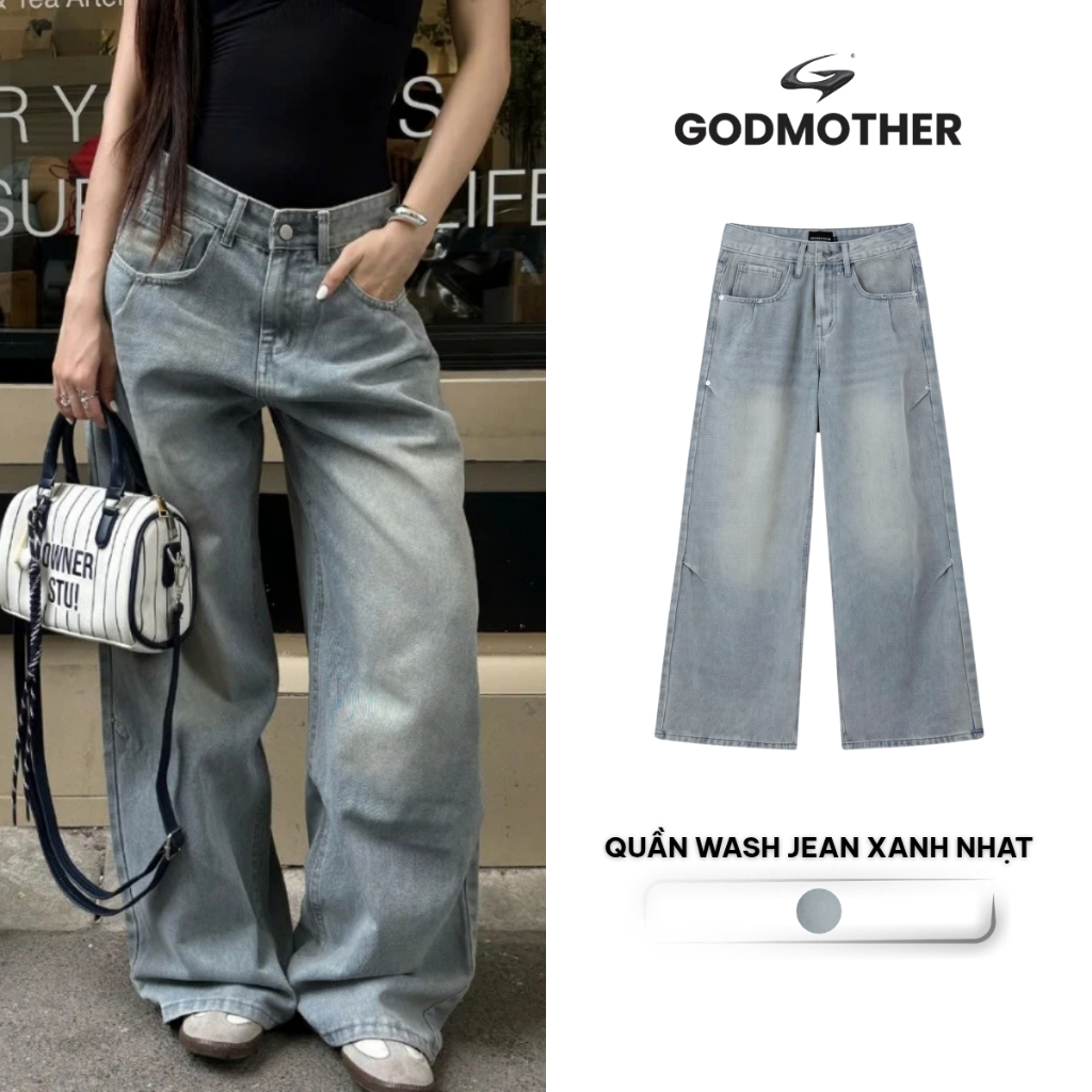 Quần Wash Jeans Form Rộng Xanh Nhạt GODMOTHER Quần Ống Rộng Wide Leg Nam Nữ Unisex JEANXN