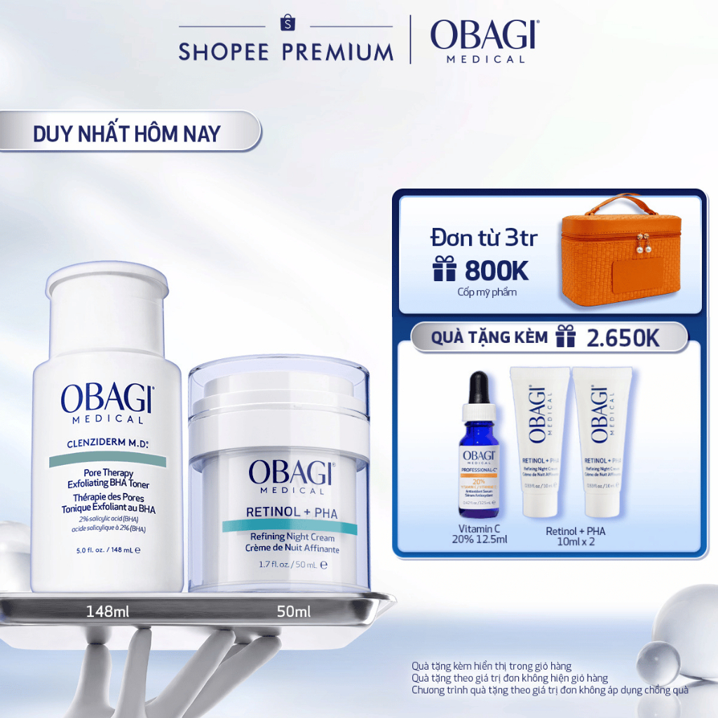 [Voucher SVIP 18%] Bộ đôi Kem Dưỡng Đêm Obagi Retinol + PHA 50ml và Toner Obagi Clenziderm M.D. Exfoliating 2% BHA 148ml