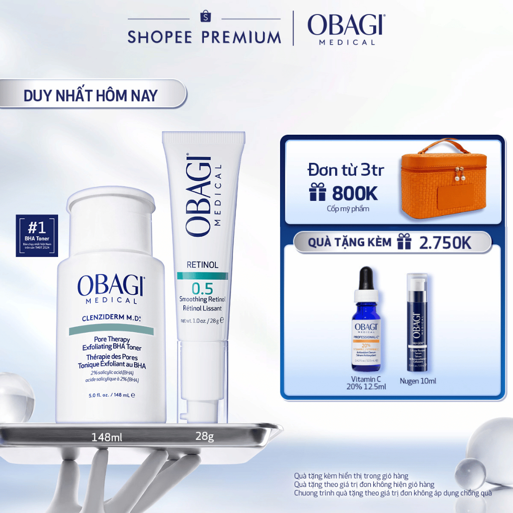 Bộ đôi dưỡng da Dung dịch Obagi Clenziderm M.D BHA Toner 148ml và Kem Dưỡng Đêm Obagi Retinol 0.5 (28g)