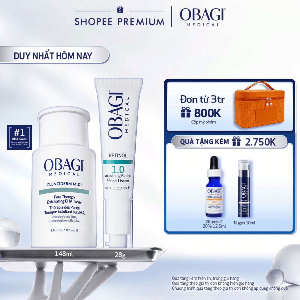 Bộ đôi dưỡng da Toner BHA Giảm Mụn Obagi Clenziderm M.D 148ml và Kem Dưỡng Đêm Obagi Retinol 1.0 (28g)